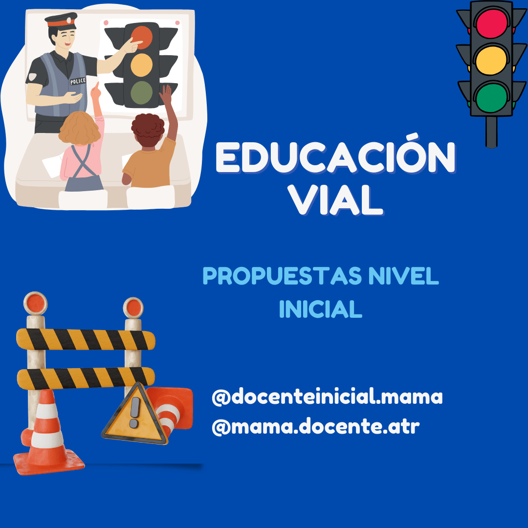 Educación vial para nivel inicial con semáforo y conos Ilustración de una clase de educación vial con un policía señalando un semáforo, dos niños levantando la mano y elementos de tránsito como conos y una barrera.
