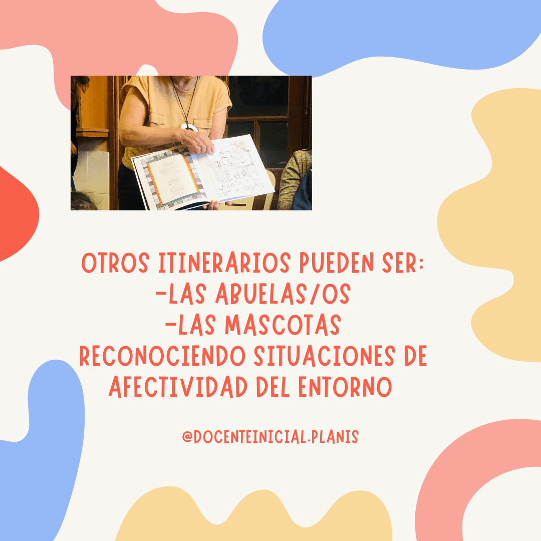 Itinerarios sobre abuelas y mascotas Placa que propone itinerarios sobre abuelas y mascotas para reconocer situaciones de afectividad, con una fotografía de una adulta mostrando un libro.
