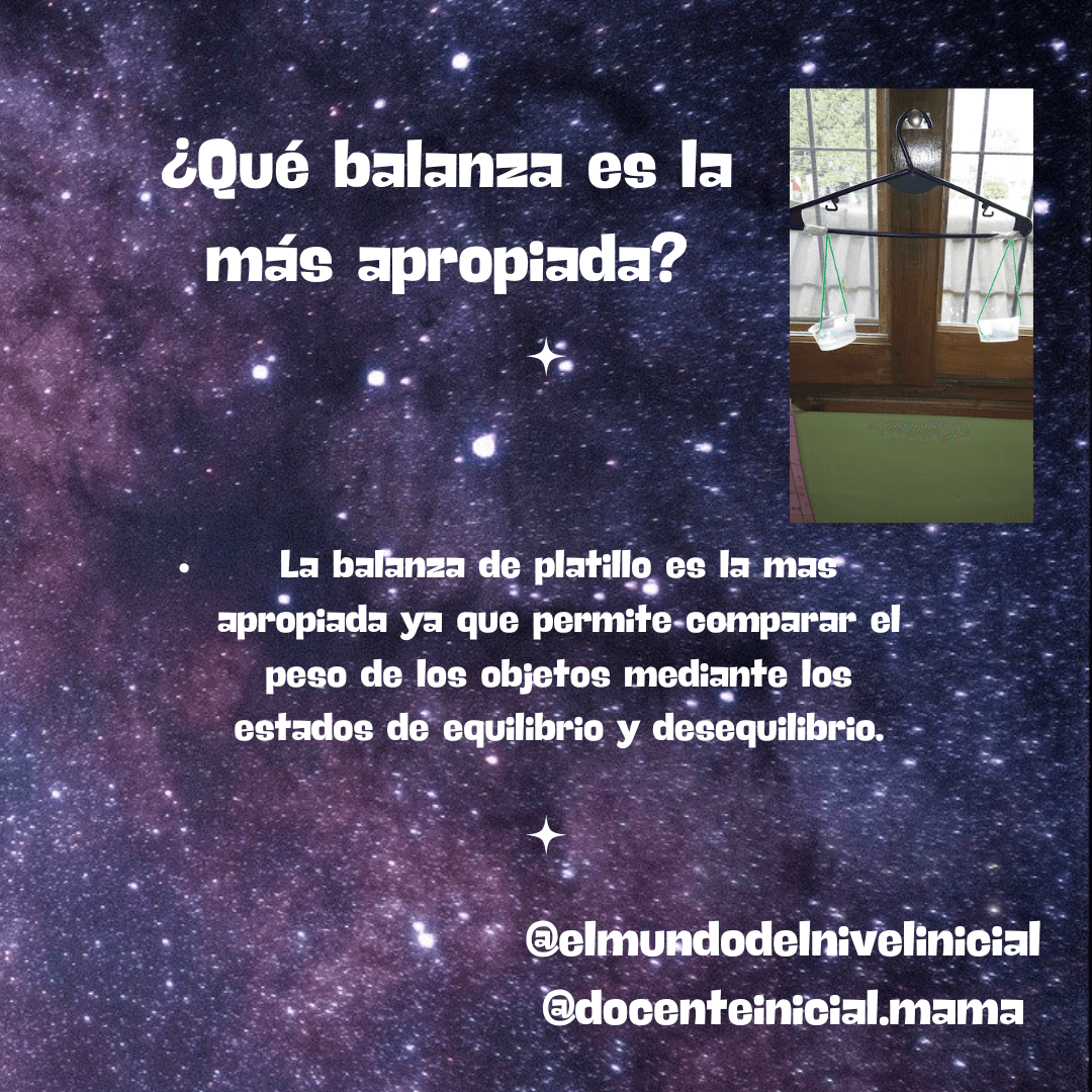 Pregunta sobre la balanza más apropiada Placa con fondo espacial que pregunta qué balanza es la más apropiada. A la derecha se ve una balanza de platillo colgada frente a una ventana y debajo un texto explicativo.