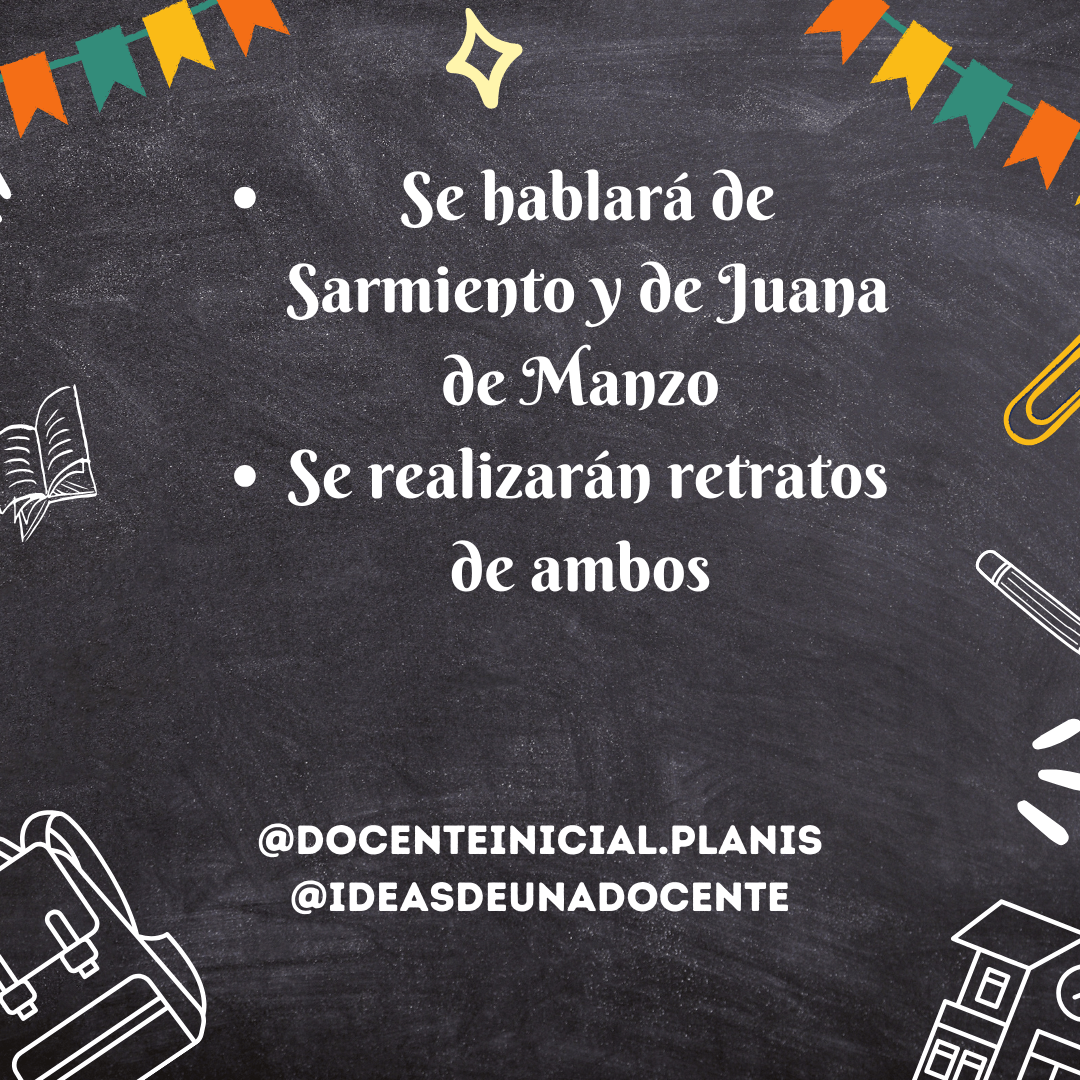 Propuesta de retratos de Sarmiento y Juana Manso Placa con fondo de pizarrón y dibujos escolares que propone conversar sobre Sarmiento y Juana Manso y realizar retratos de ambos.