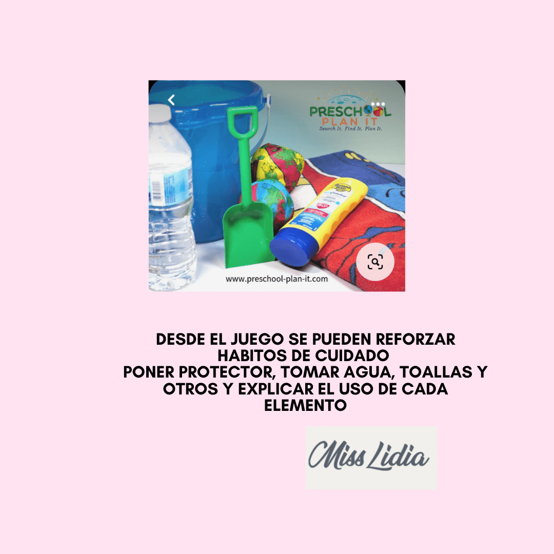 Materiales de cuidado para juego de playa y protección solar Botella de agua, balde azul, pala verde, protector solar y toalla o manta con dibujos, organizados como elementos para juego y cuidado.