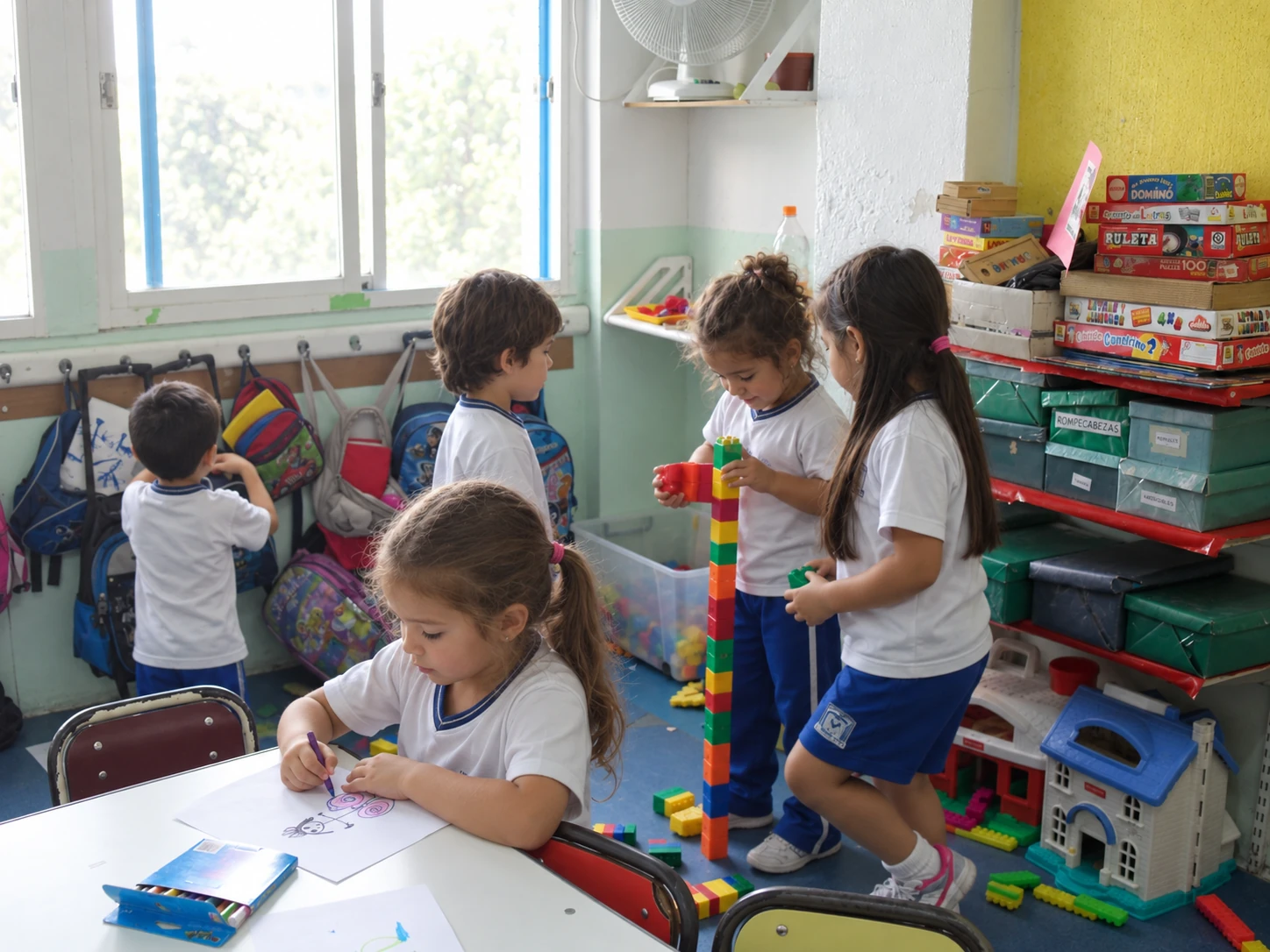 Sectores simultáneos de juego en el aula Recreación fotográfica de sectores simultáneos de dibujo, construcción con bloques y lectura en el aula.