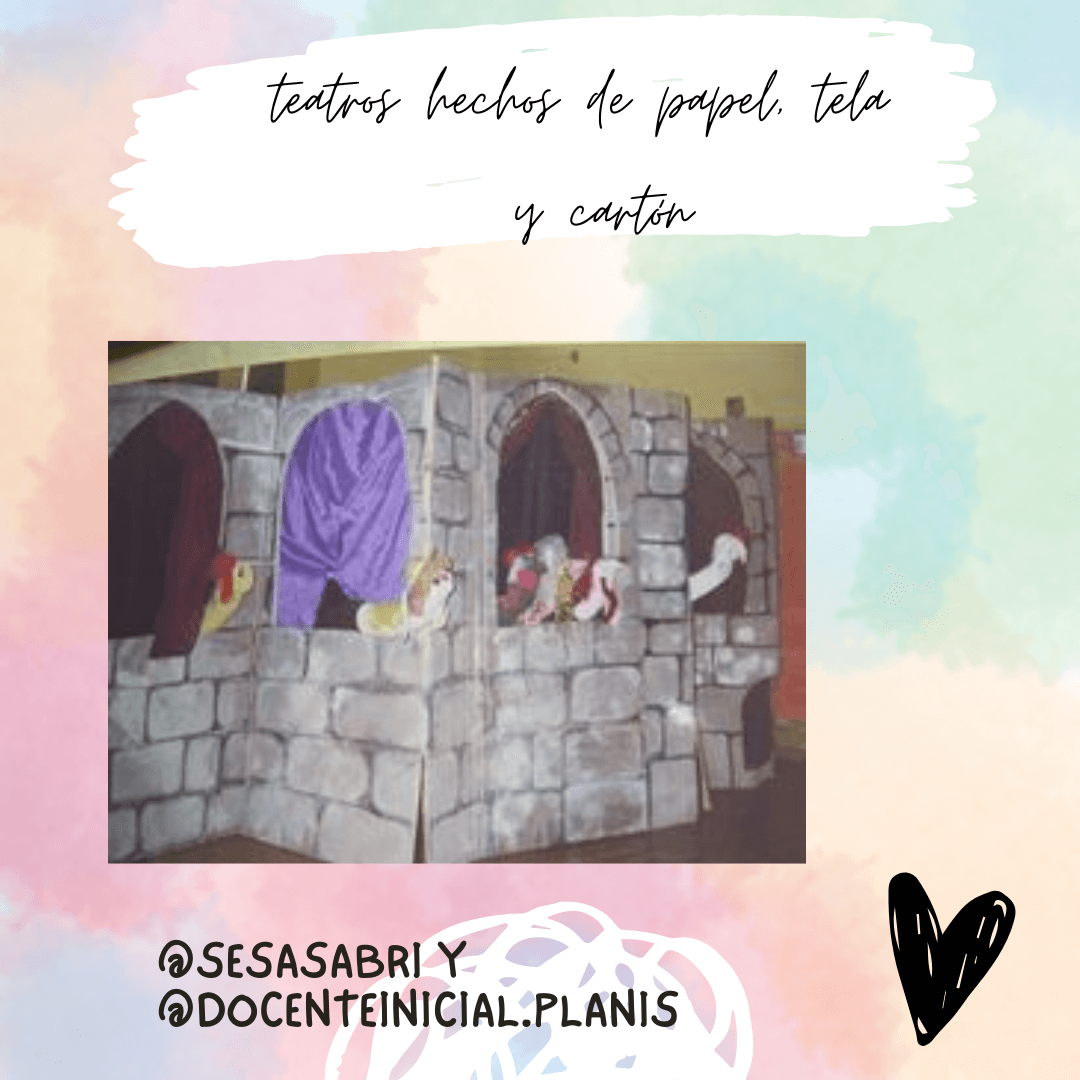 Teatro con papel, tela y cartón Un escenario con paredes de castillo, cortina violeta y dos títeres, realizado con papel, tela y cartón.