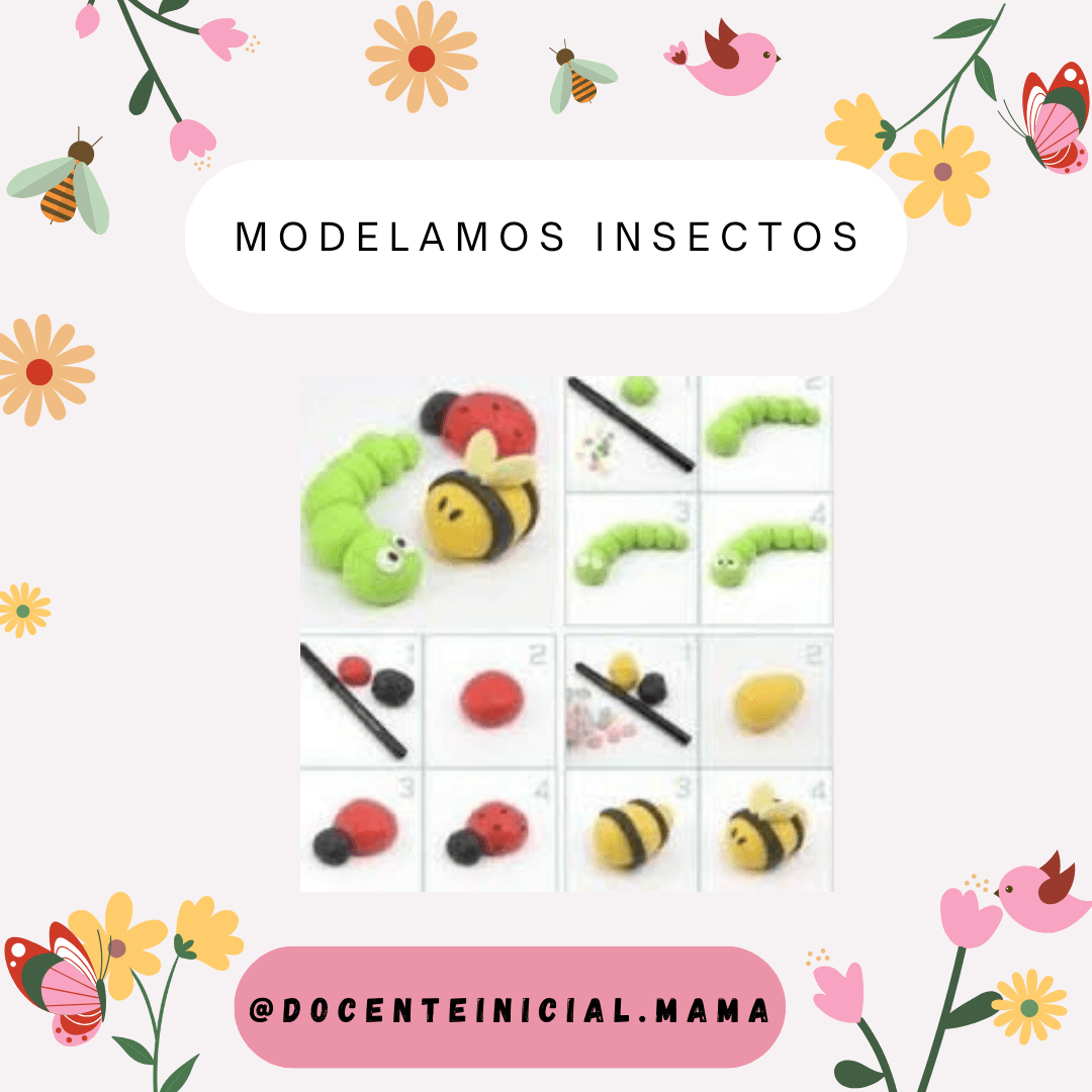Modelado de insectos con masa o plastilina Placa del proyecto Bichos con el título Modelamos insectos y una imagen de figuras hechas con masa, como una oruga, una mariquita y una abeja, organizadas en pasos.