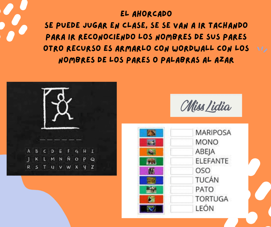 Jugar al ahorcado con palabras y nombres Ficha con dos recursos para jugar al ahorcado: un dibujo tipo pizarrón con una figura colgante y, a la derecha, una lista de animales para completar.