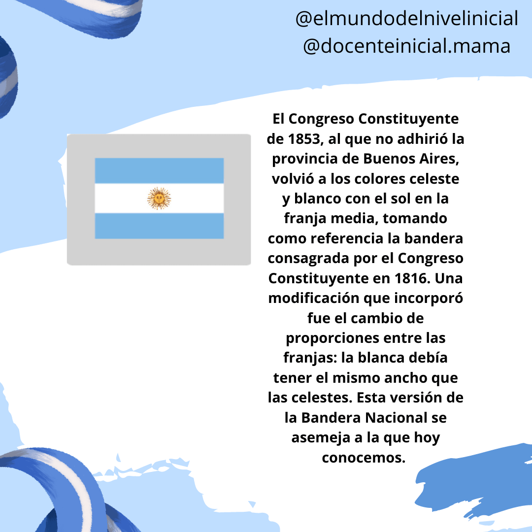 Lámina histórica sobre la bandera argentina en 1853 Placa celeste con un dibujo de la bandera argentina y un texto original sobre el Congreso Constituyente de 1853 y las proporciones de sus franjas.