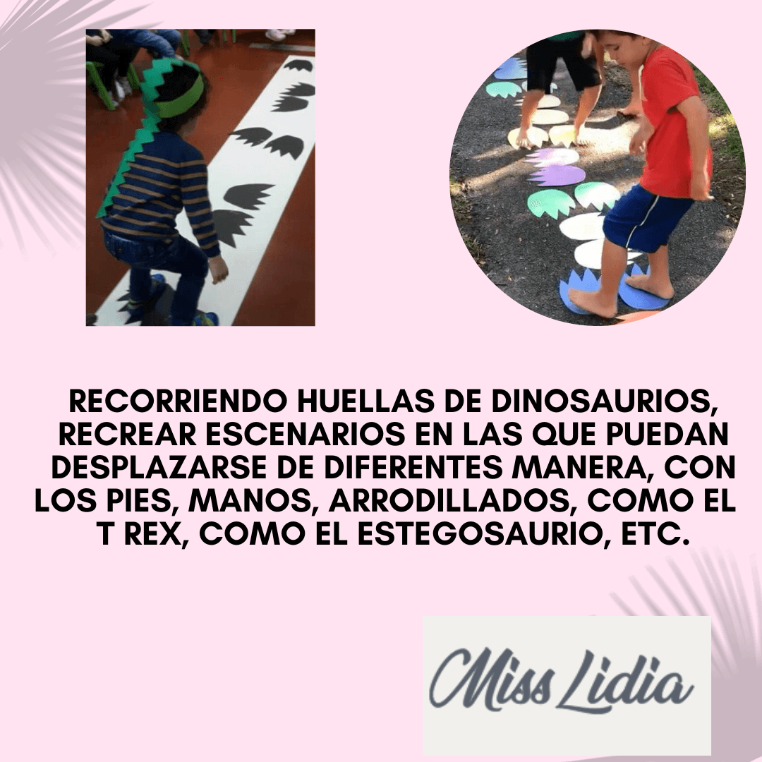 Niños recorren huellas en un circuito de dinosaurios Dos niños caminan siguiendo un recorrido de huellas recortadas en el piso. Una escena es interior y la otra al aire libre, ambas con piezas de colores en el camino.