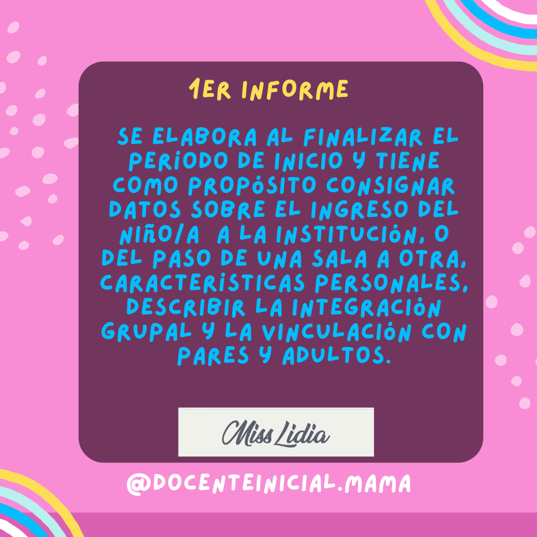 Placa rosa con recuadro violeta titulada “1er informe” que explica cuándo se elabora y qué aspectos reúne sobre el ingreso, la integración y la vinculación.