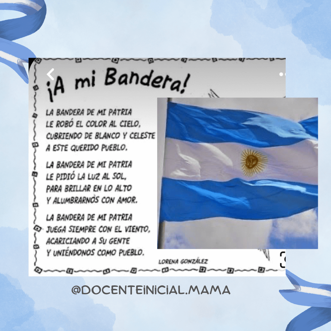 Captura de una placa con un poema titulado “¡A mi Bandera!” y, a la derecha, una foto de la bandera argentina ondeando. Se ve el nombre de la autora Lorena González.