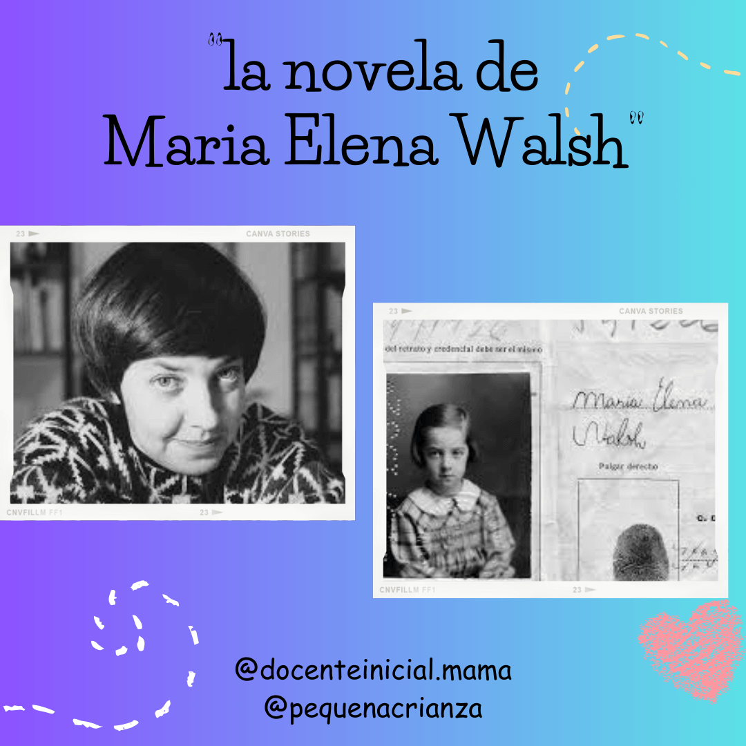 Lámina con el título novela de María Elena Walsh y dos fotos en blanco y negro Composición con el texto 'la novela de Maria Elena Walsh' arriba y dos imágenes en blanco y negro abajo: un retrato de una mujer y una foto infantil junto a una página con su nombre manuscrito.
