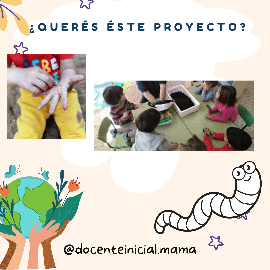 Un niño toca una lombriz en su mano y, en otra imagen, varios niños se reúnen alrededor de una mesa con un recipiente lleno de tierra u otro material del proyecto.