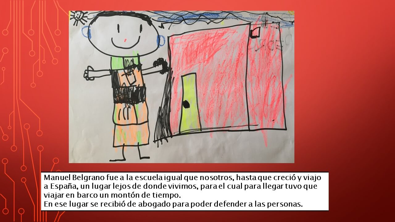 Dibujo infantil con una figura de pie al lado de una construcción o casa de color rojo, con una puerta amarilla y cielo arriba; abajo hay un recuadro con texto sobre Belgrano y sus estudios.