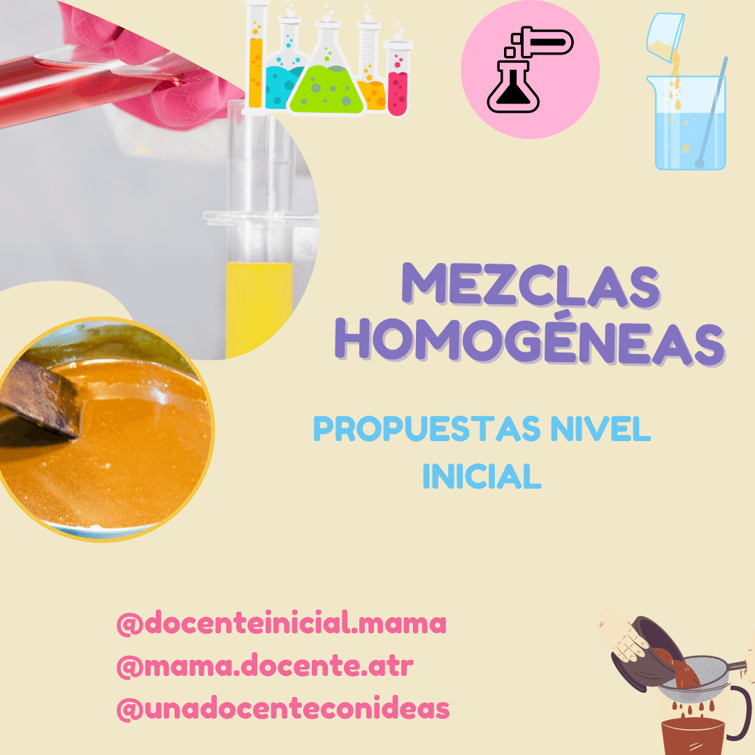 Portada con el título mezclas homogéneas, dibujos de tubos y matraces, una probeta con líquido amarillo y un cuenco con mezcla anaranjada.