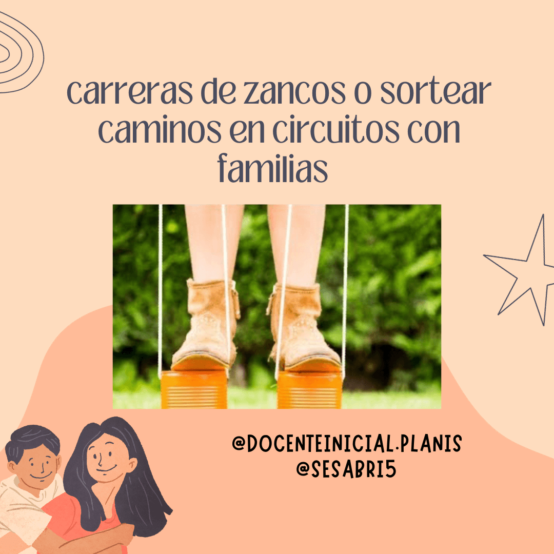 Carreras de zancos o sortear caminos en familia Afiche con una foto de piernas sobre zancos improvisados con latas y cuerdas. El texto propone “carreras de zancos o sortear caminos en circuitos con familias” y aparece una ilustración de pareja abrazada.
