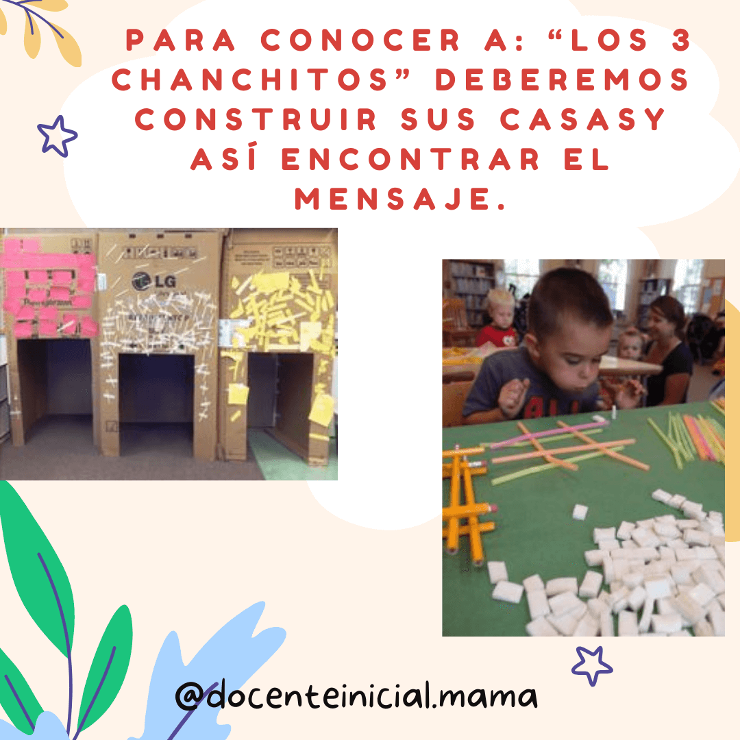 Casas de cartón y una construcción con palitos para los tres chanchitos Placa con fotografías de casas de cartón rotuladas con los personajes del cuento y un niño construyendo con palitos de colores y piezas blancas sobre una mesa.