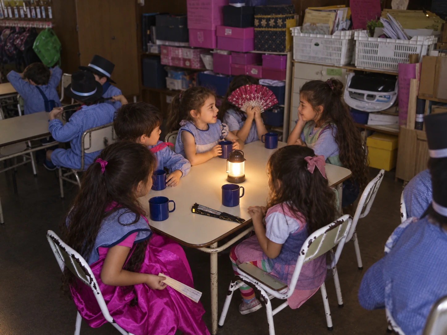 25 de Mayo: experiencia compartida en el aula Recreación fotográfica de un encuentro de juego sobre el 25 de Mayo, con disfraces, tazas y una linterna de luz cálida.