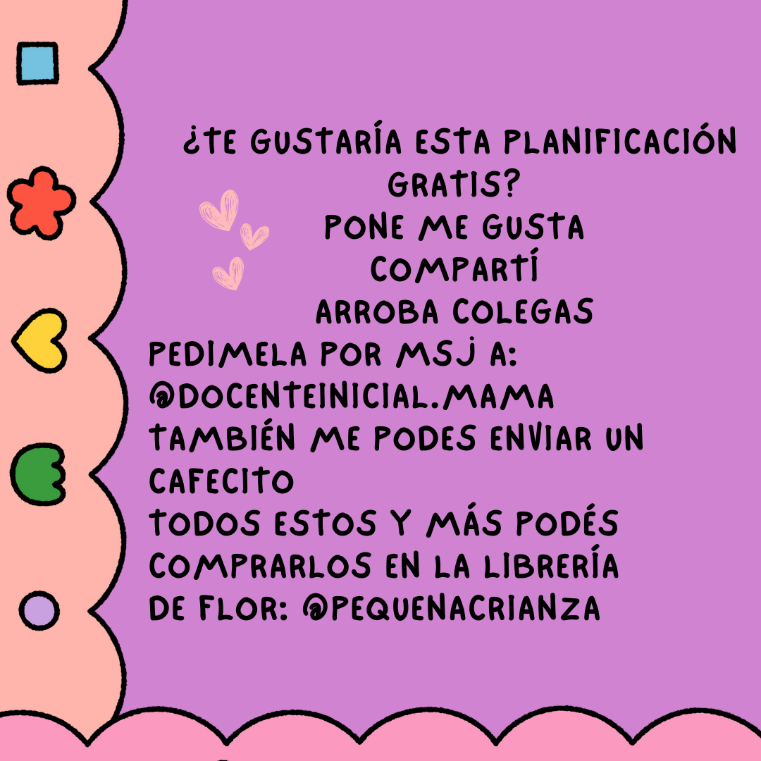 Placa con fondo lila y borde decorativo rosa con texto centrado que invita a pedir una planificación gratis, compartir y escribir por mensaje a cuentas de Instagram.