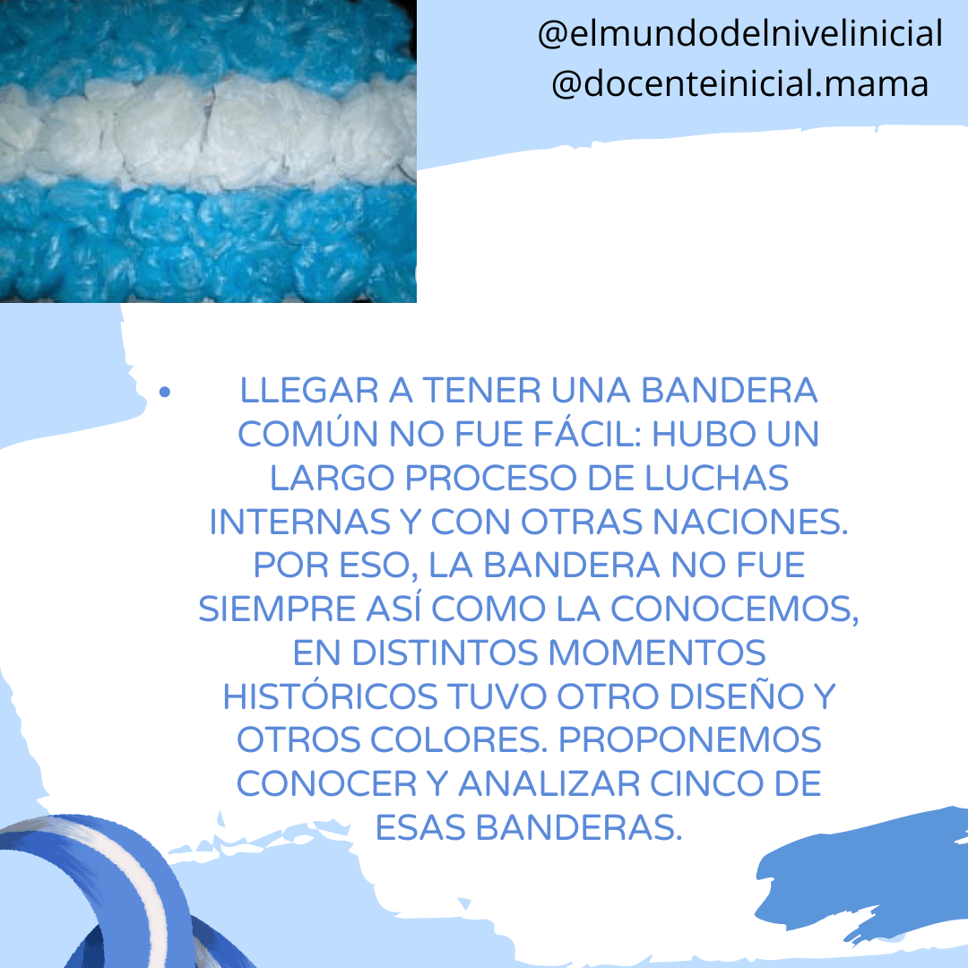 Texto sobre la evolución histórica de la bandera argentina Lámina con una foto de una bandera artesanal en la esquina superior izquierda y un texto al centro que explica que la bandera tuvo distintos diseños y colores a lo largo del tiempo.