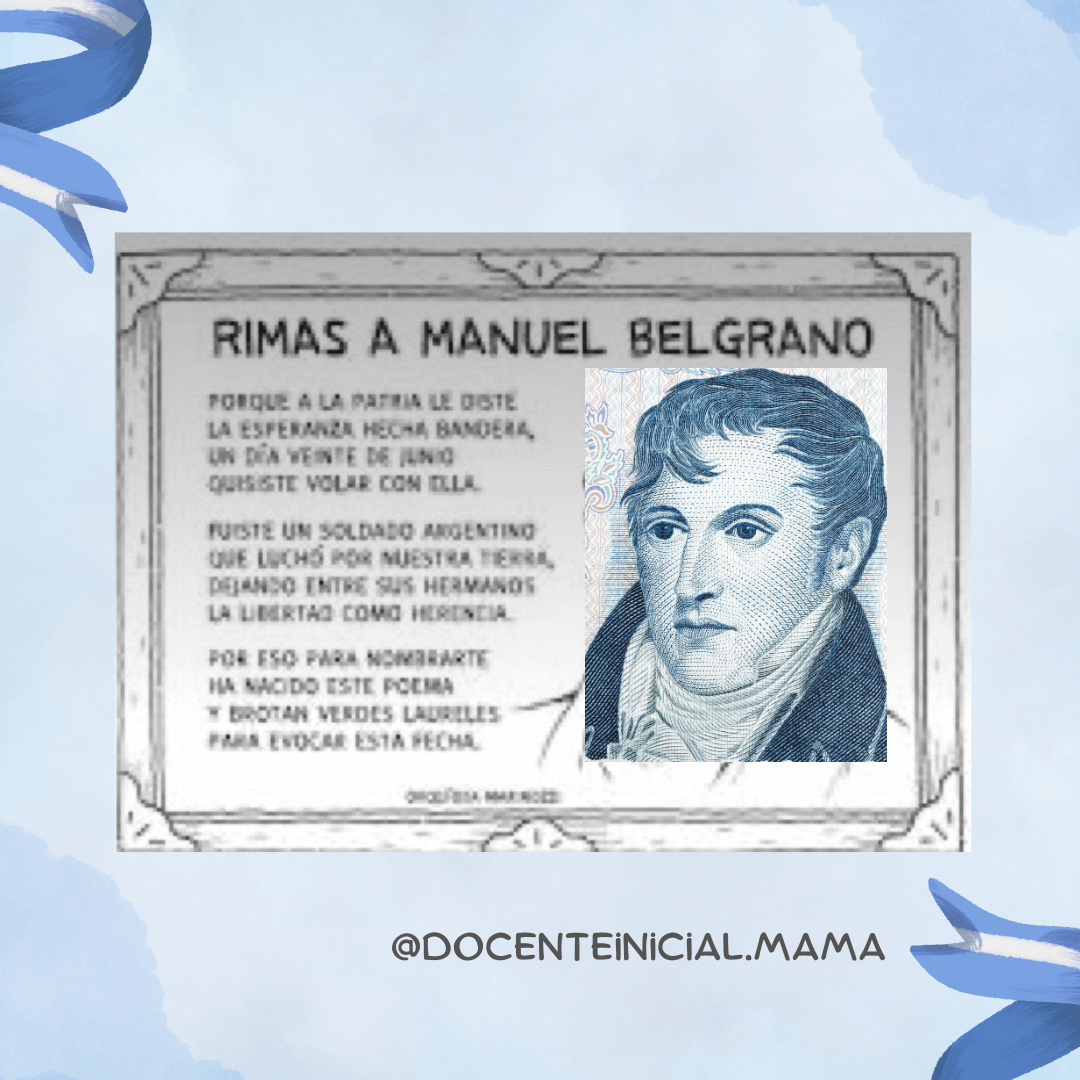 Placa titulada “Rimas a Manuel Belgrano” con un retrato del prócer a la derecha y texto en versos a la izquierda.