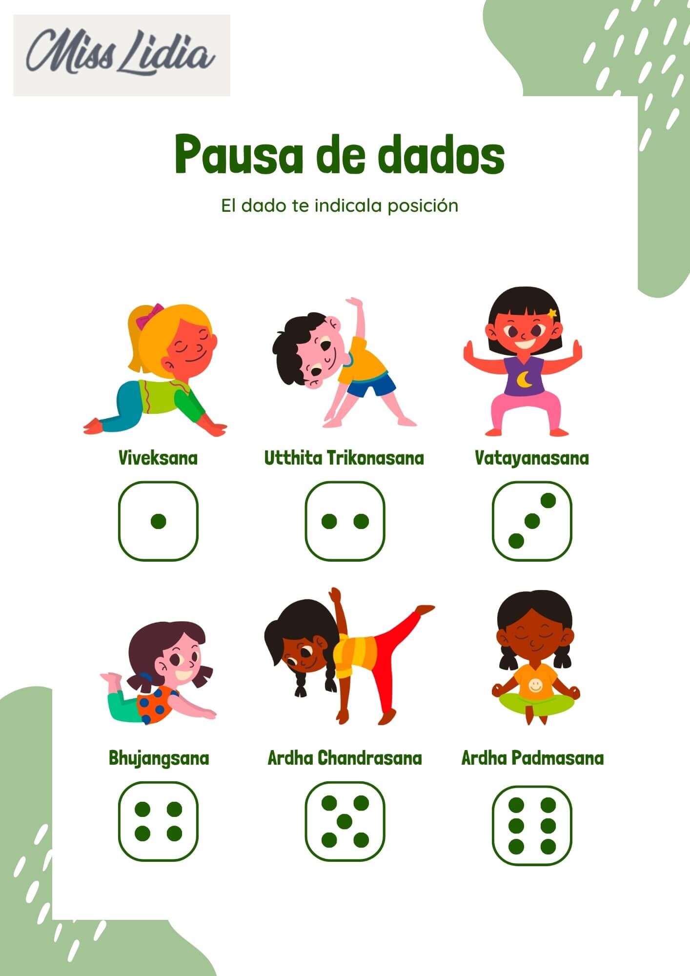 Pausa de dados con posturas corporales Afiche ilustrado con el título “Pausa de dados” y seis dibujos de niñas y niños haciendo posturas, cada una asociada a un dado. Incluye nombres de posturas inspiradas en yoga.