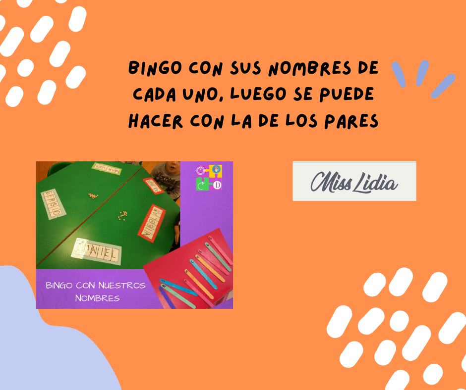 Bingo con los nombres del grupo Ficha con fondo naranja y una composición de juegos de bingo con nombres escritos en tarjetas, fichas sobre una mesa verde y material de colores al lado.