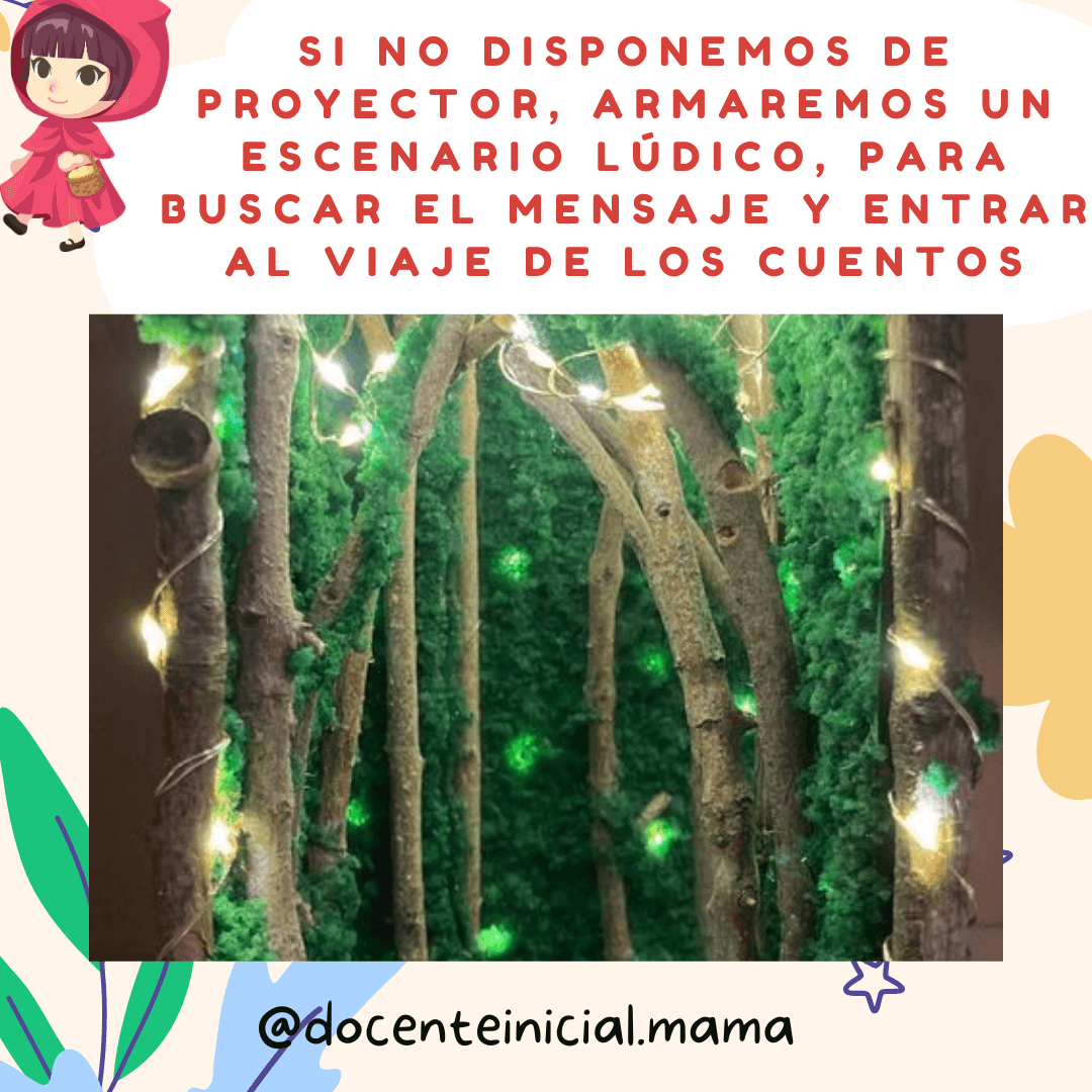 Ambientación de bosque con ramas y luces para el recorrido de cuentos Placa con una fotografía de un rincón ambientado con troncos, ramas, follaje y luces, acompañado por una consigna para preparar el escenario cuando no hay proyector.