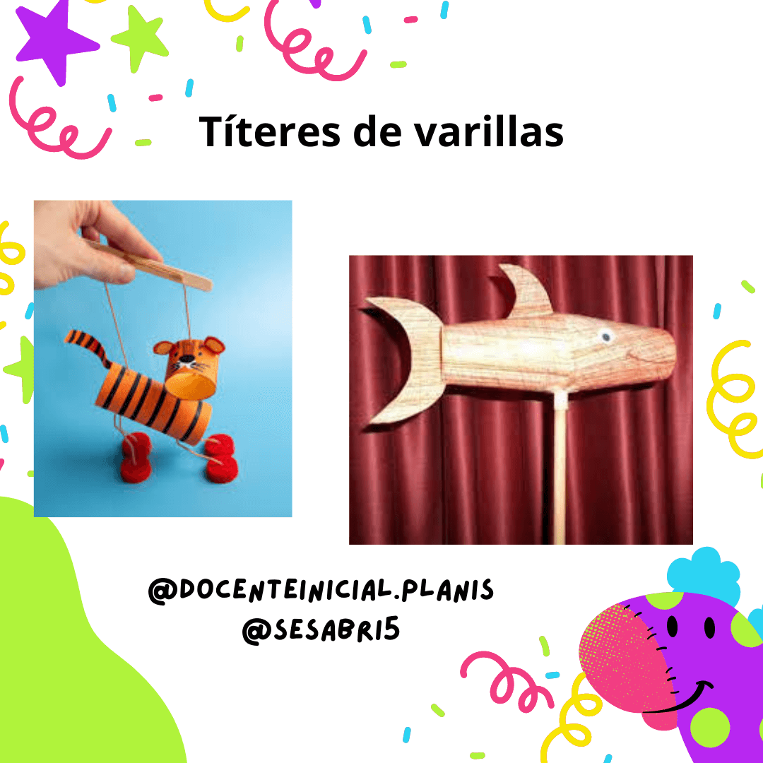 Títeres de varillas con figuras de animales Placa con ejemplos de títeres de varillas: un animal rayado sostenido por una mano y un pez frente a una cortina roja.