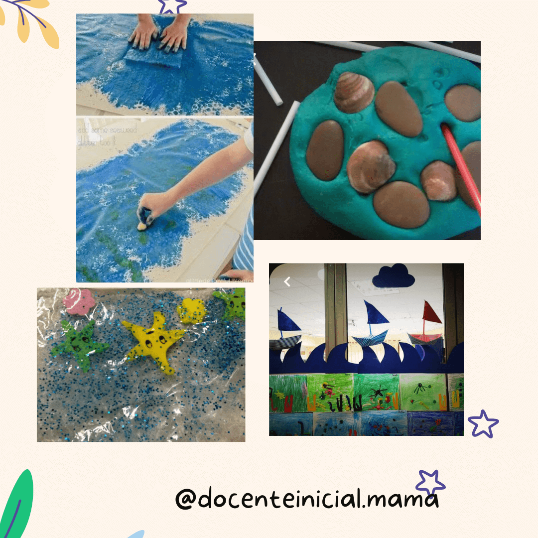 Collage de actividades de pintura y juego sobre el mar Collage con manos pintando superficies azules, una base con conchas, una escena con peces y un rincón escolar decorado con olas y barcos.