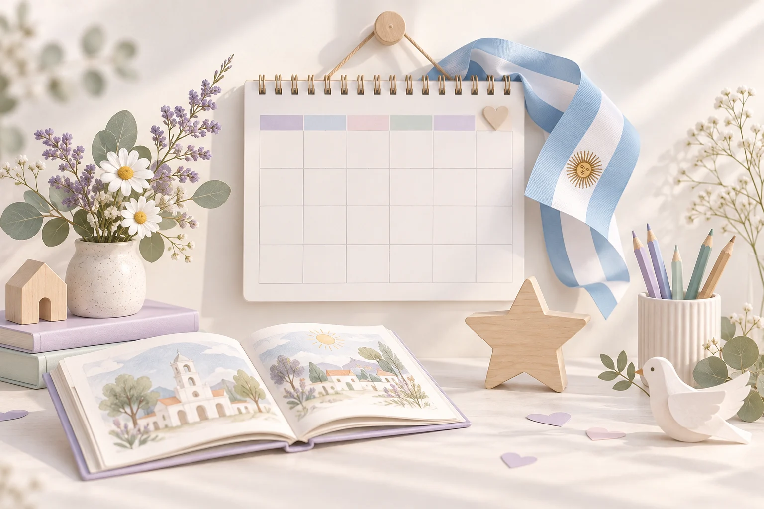 Calendario, cinta argentina, libros ilustrados y flores sobre una mesa en tonos suaves.
