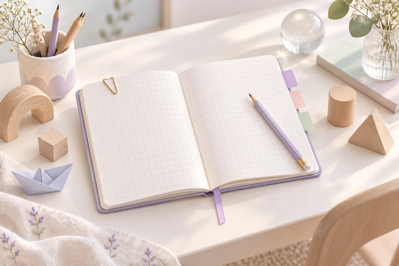 Cuaderno de planificación abierto, lápices y bloques de madera sobre una mesa iluminada del aula.