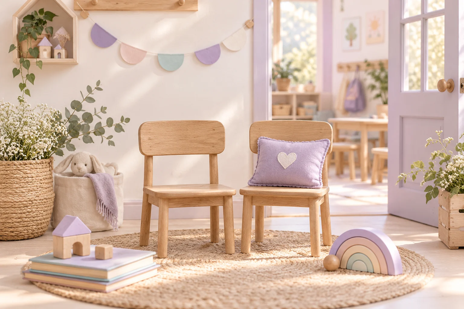Dos sillitas de madera, un almohadón lila, libros y juguetes en un aula abierta y acogedora.