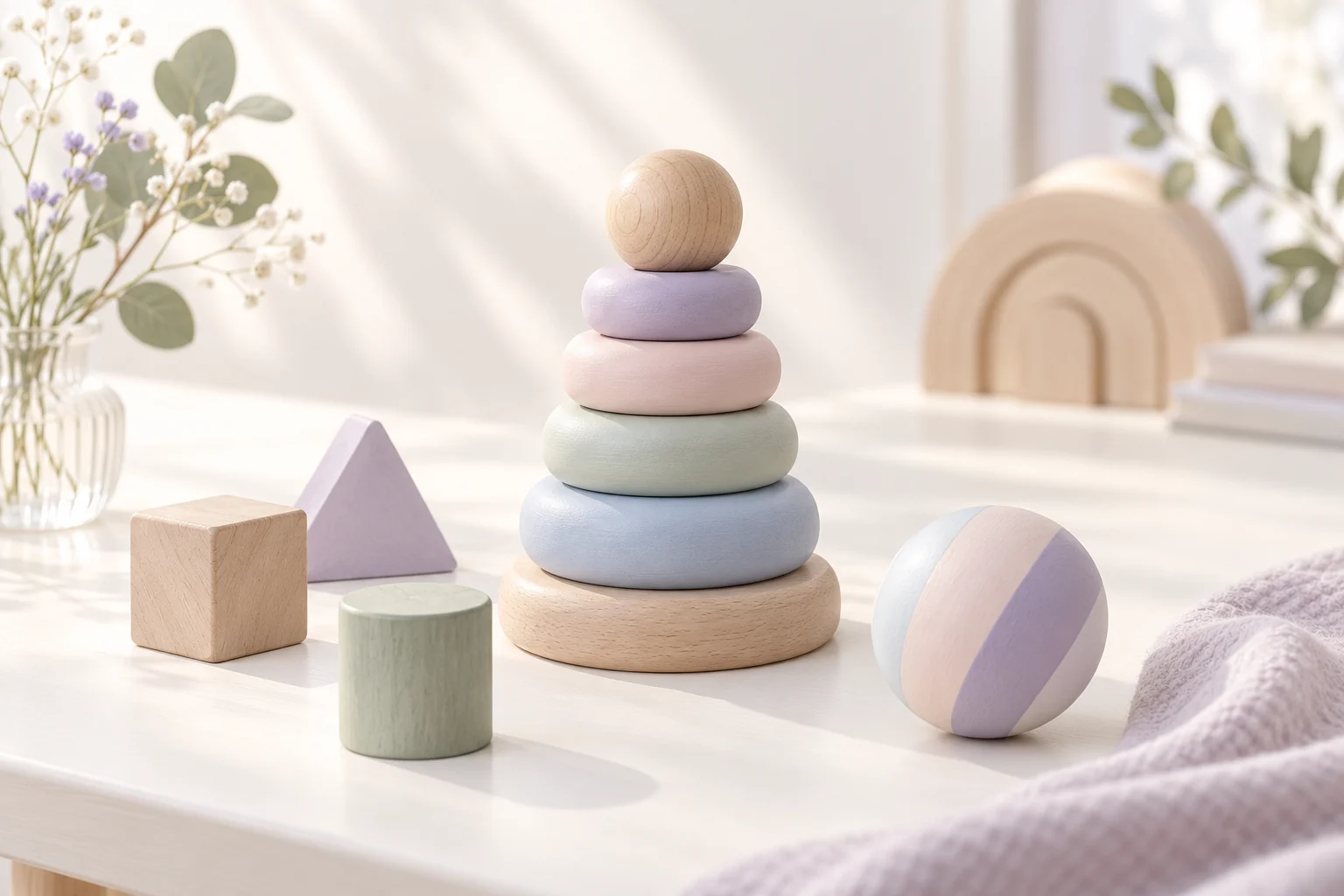 Anillos apilables y piezas de madera en tonos pastel, junto a una pelota y materiales de juego.