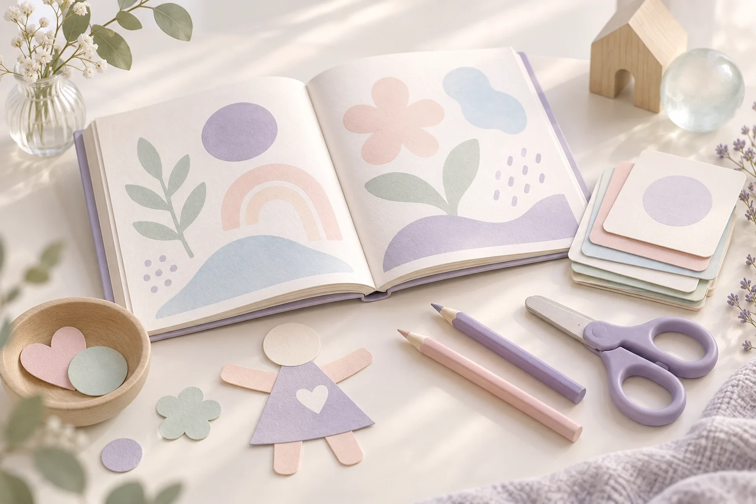 Libro ilustrado, tarjetas, tijeras y figuras de papel para crear propuestas en el aula.