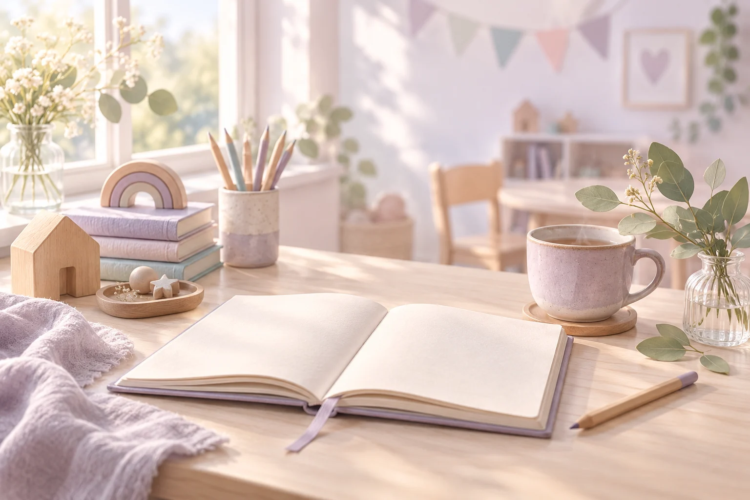 Cuaderno abierto, lápices y una taza junto a la ventana iluminada del aula.
