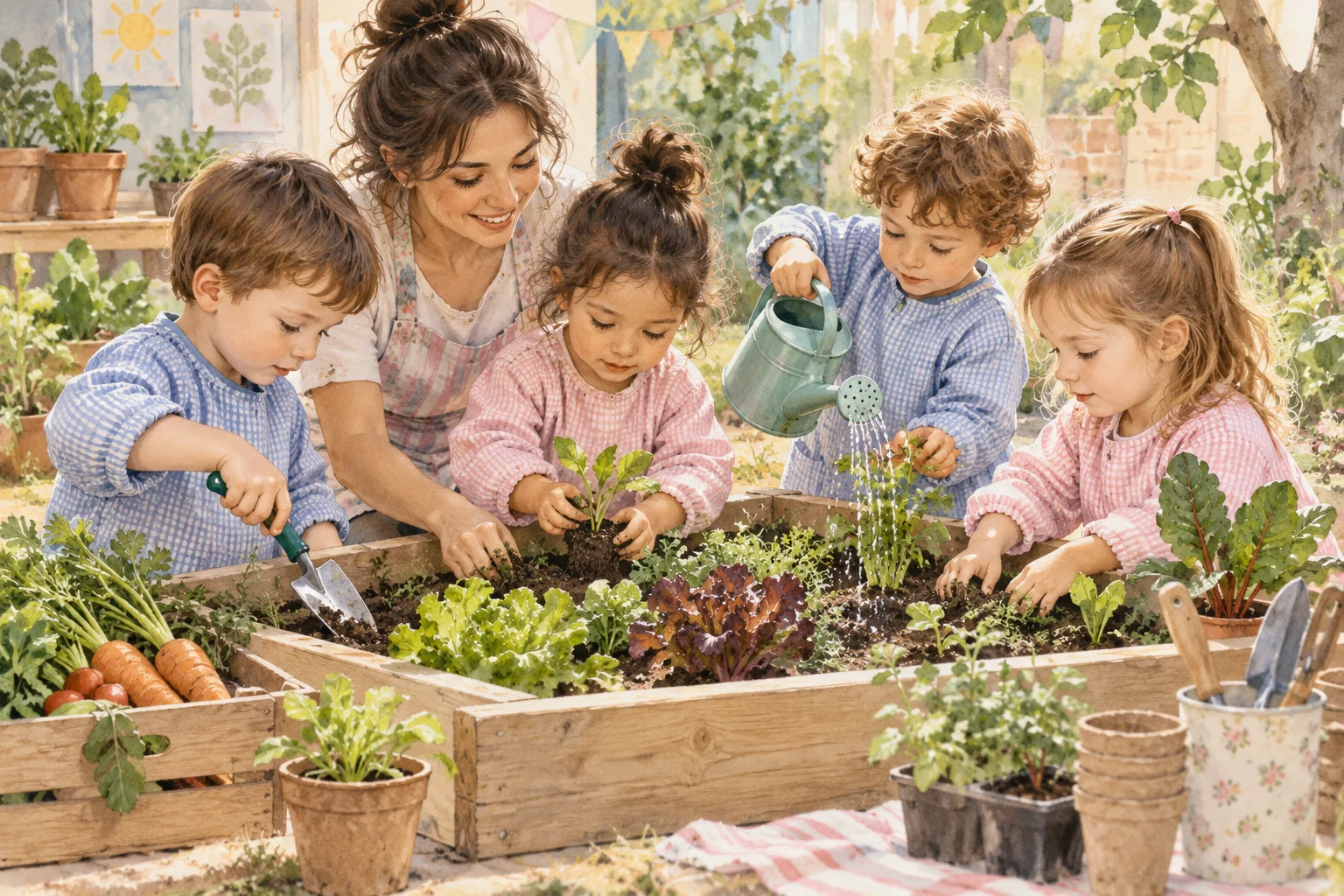 Una docente y niños cuidan y riegan las plantas de una huerta escolar