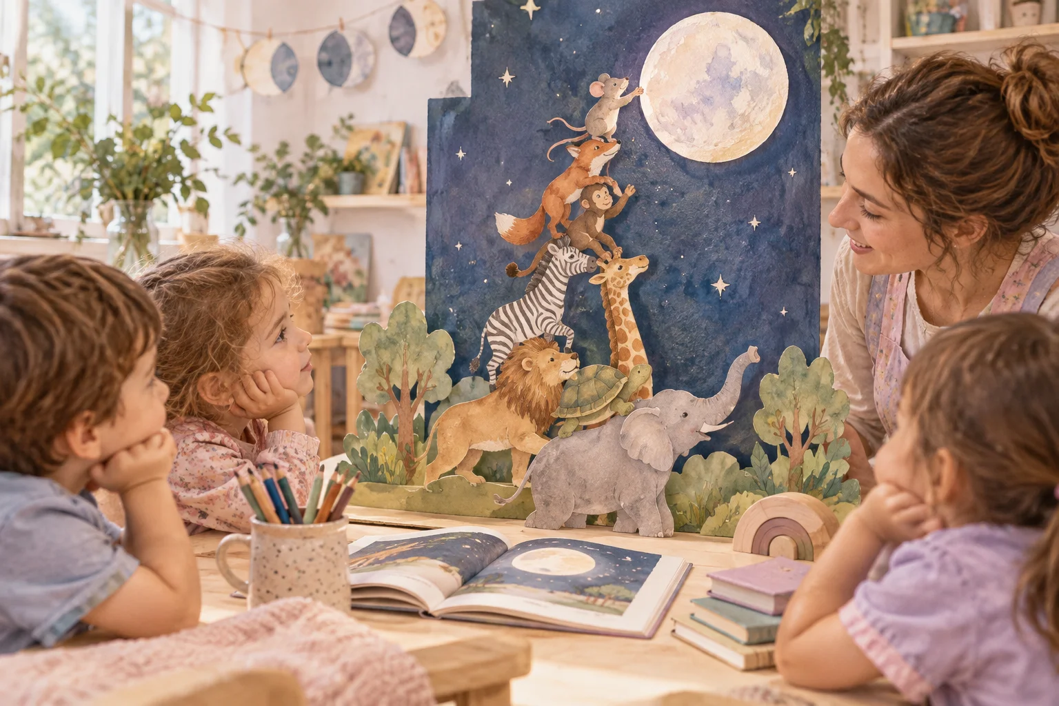 Niños y una docente comparten un libro ilustrado y una escena poética en el aula