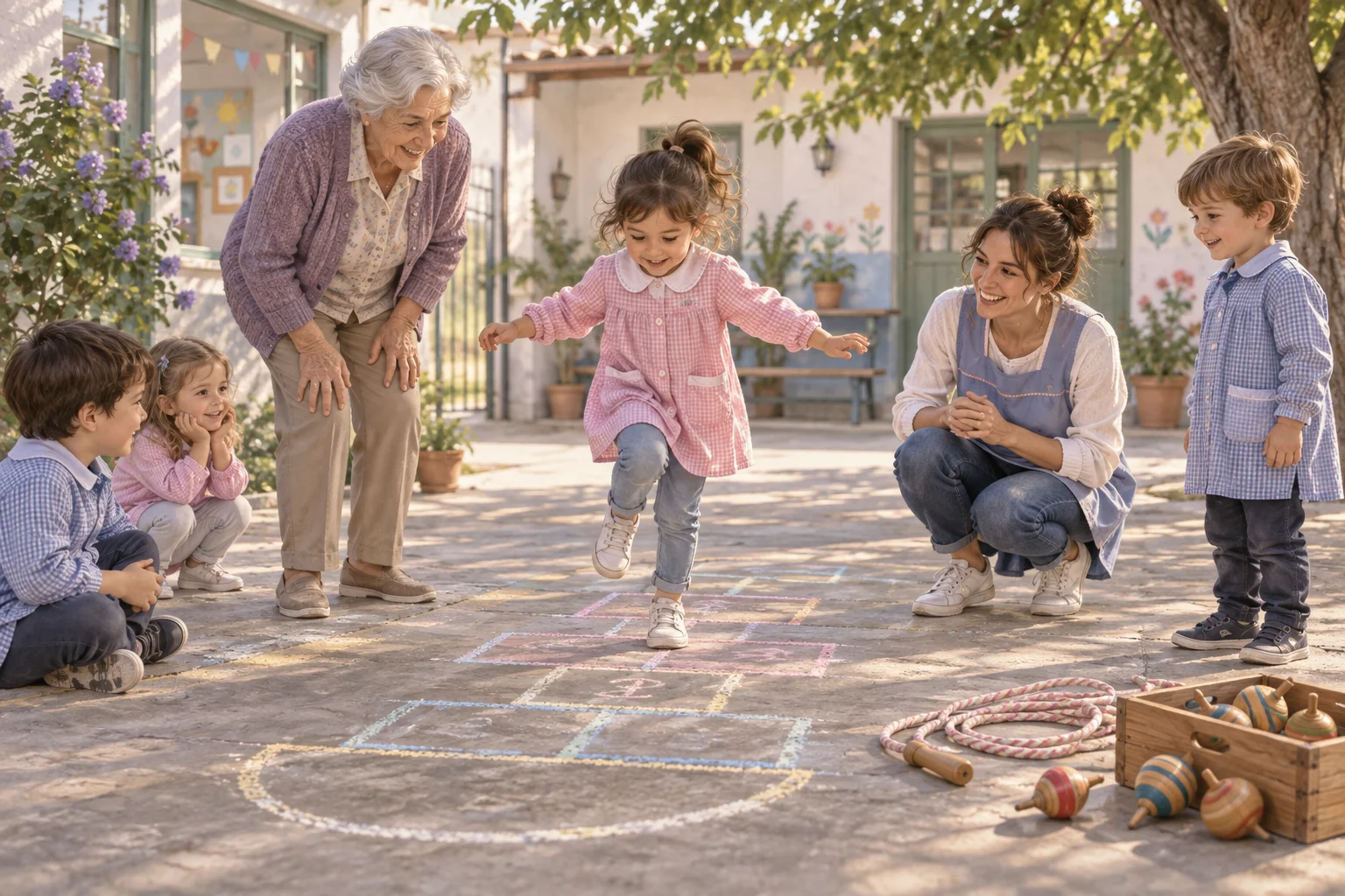 Niños juegan a la rayuela con su docente y una abuela en el patio del jardín