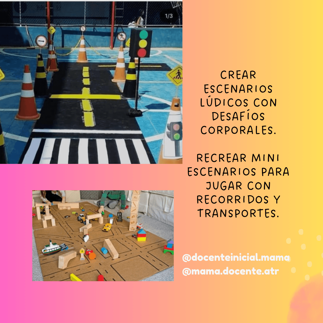 Escenario lúdico de tránsito con conos, semáforo y calles pintadas Espacio escolar preparado como circuito vial con conos, señalización, semáforo y marcas de calles en el piso; abajo se ve otra maqueta con autos y bloques.