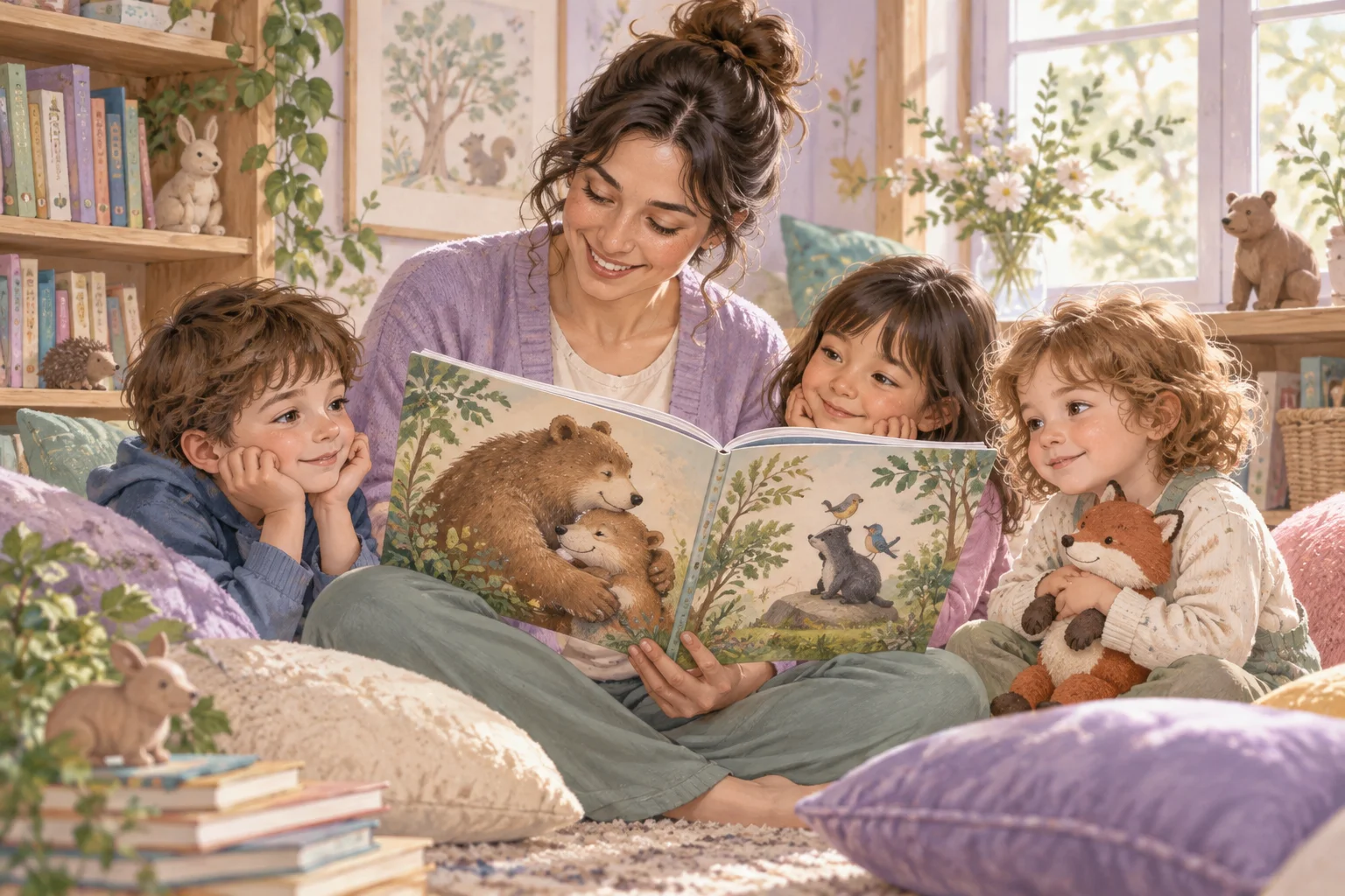 Una docente comparte un álbum de animales con niños en el rincón de lectura