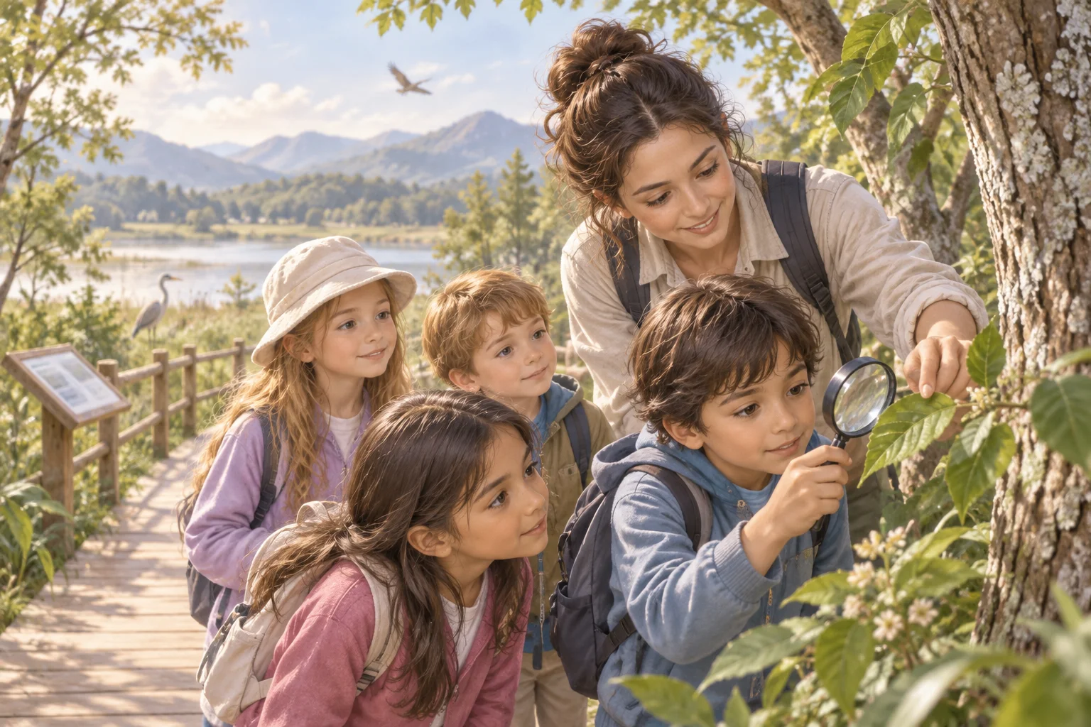 Una docente y niños observan un árbol con una lupa durante una salida a una reserva natural