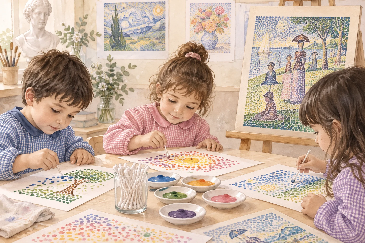 Niños realizan producciones de puntillismo con témperas y herramientas pequeñas