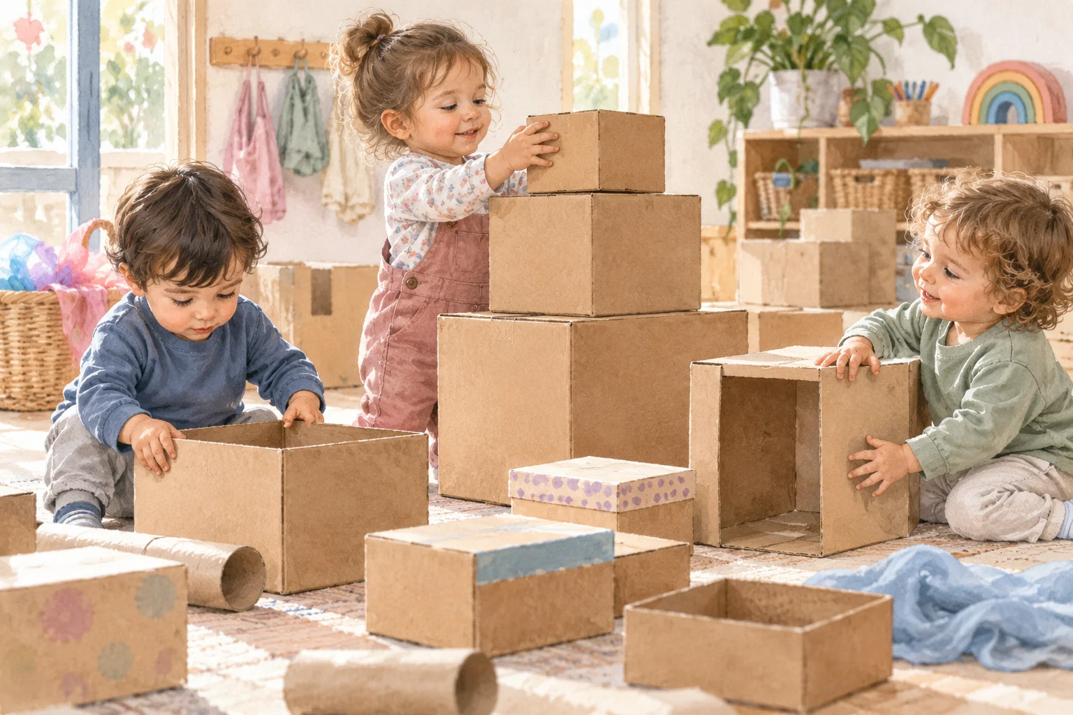 Niños construyen torres y estructuras con cajas de cartón en el aula
