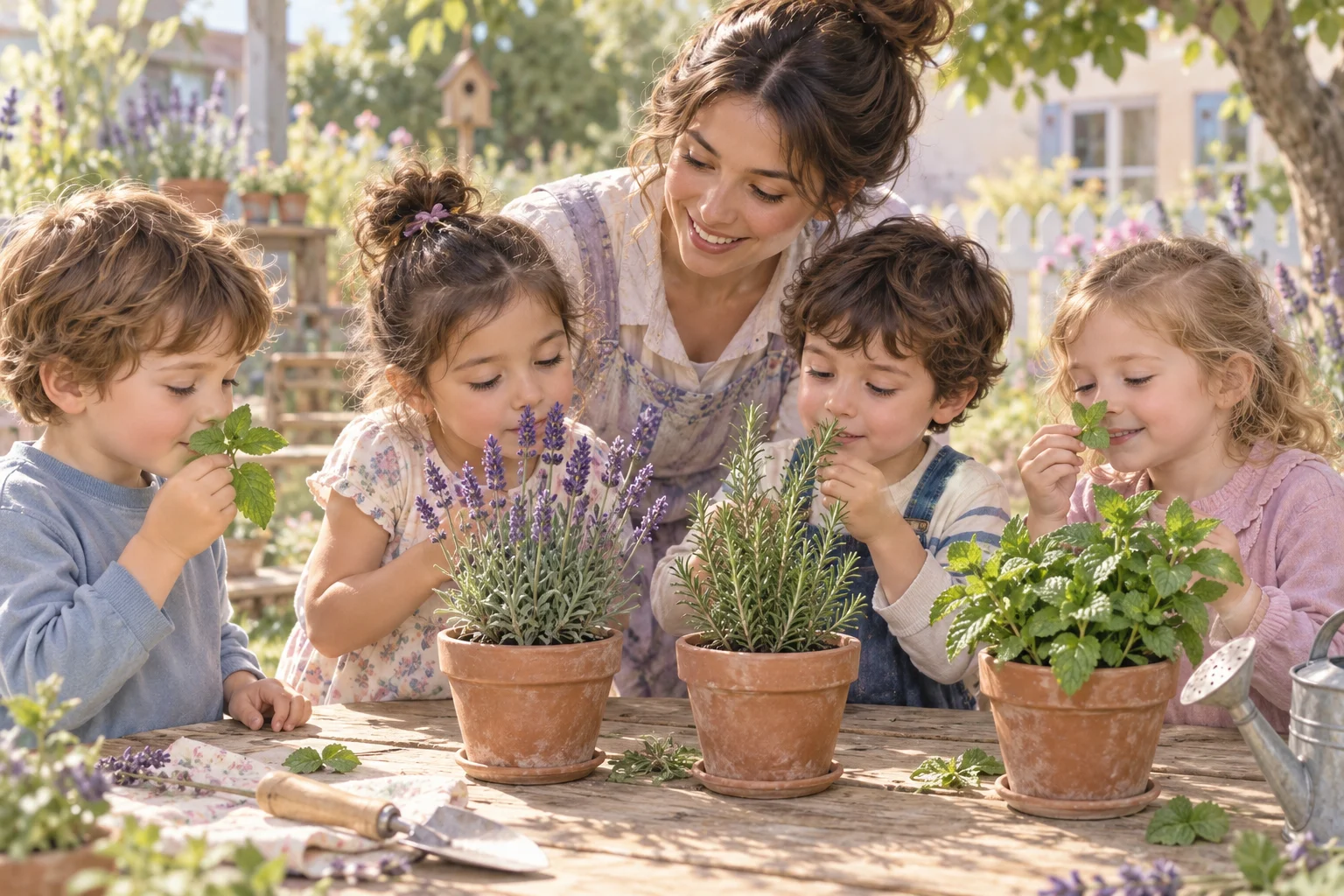 Niños exploran los aromas de lavanda, romero y menta junto a su docente