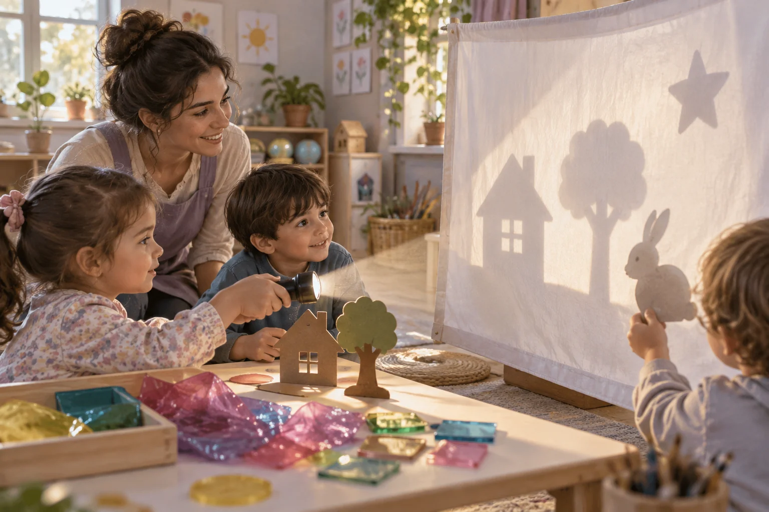 Niños y una docente investigan sombras de figuras con una linterna y una pantalla