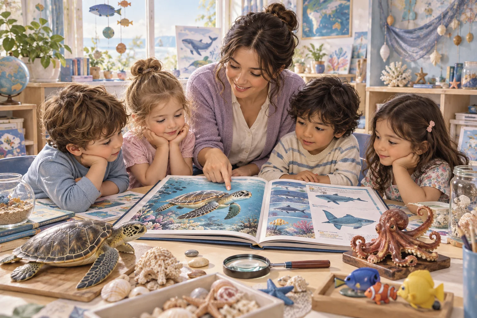 Niños observan imágenes y modelos de animales marinos en una propuesta de indagación