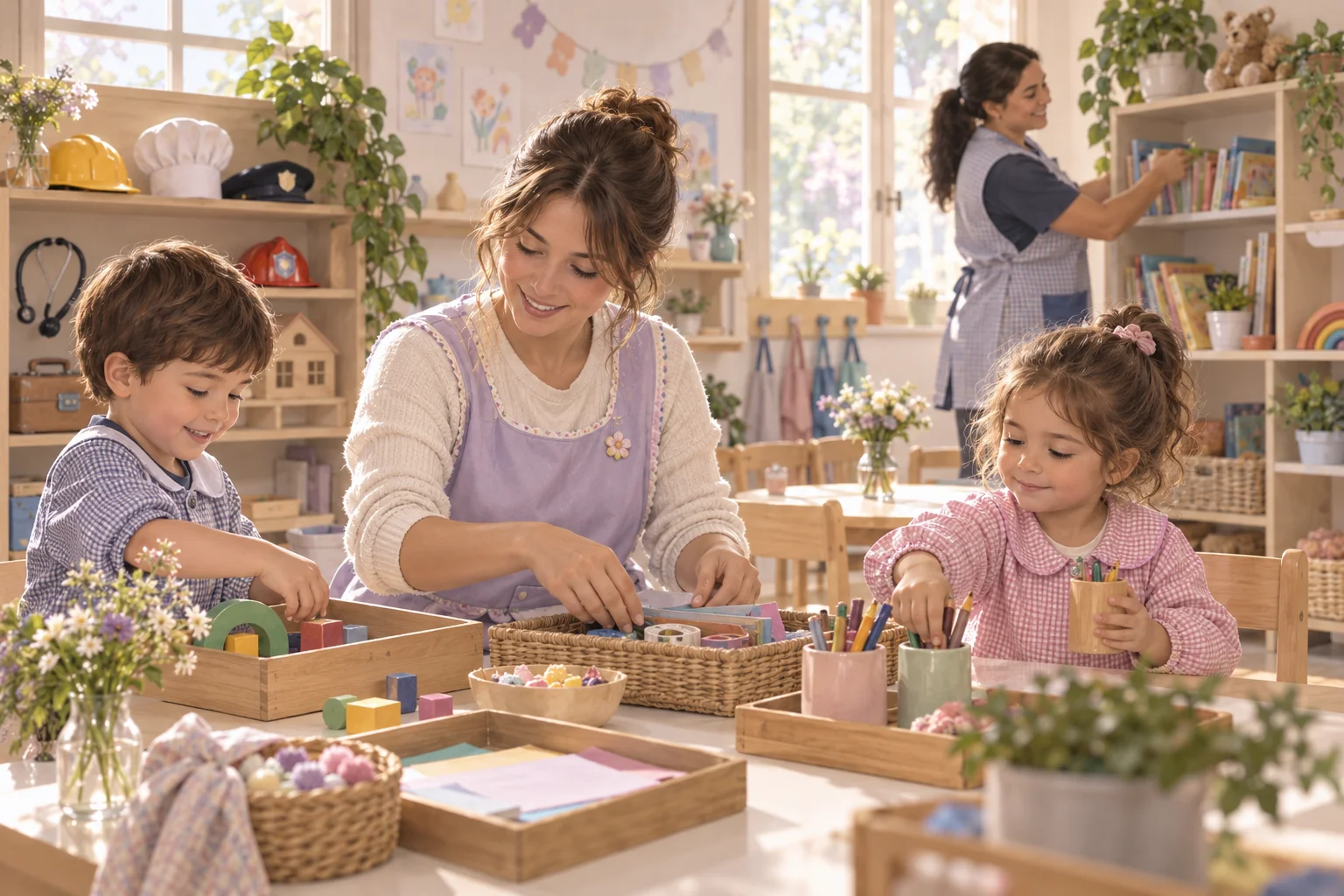 Una docente y niños organizan materiales del aula en una experiencia de cooperación