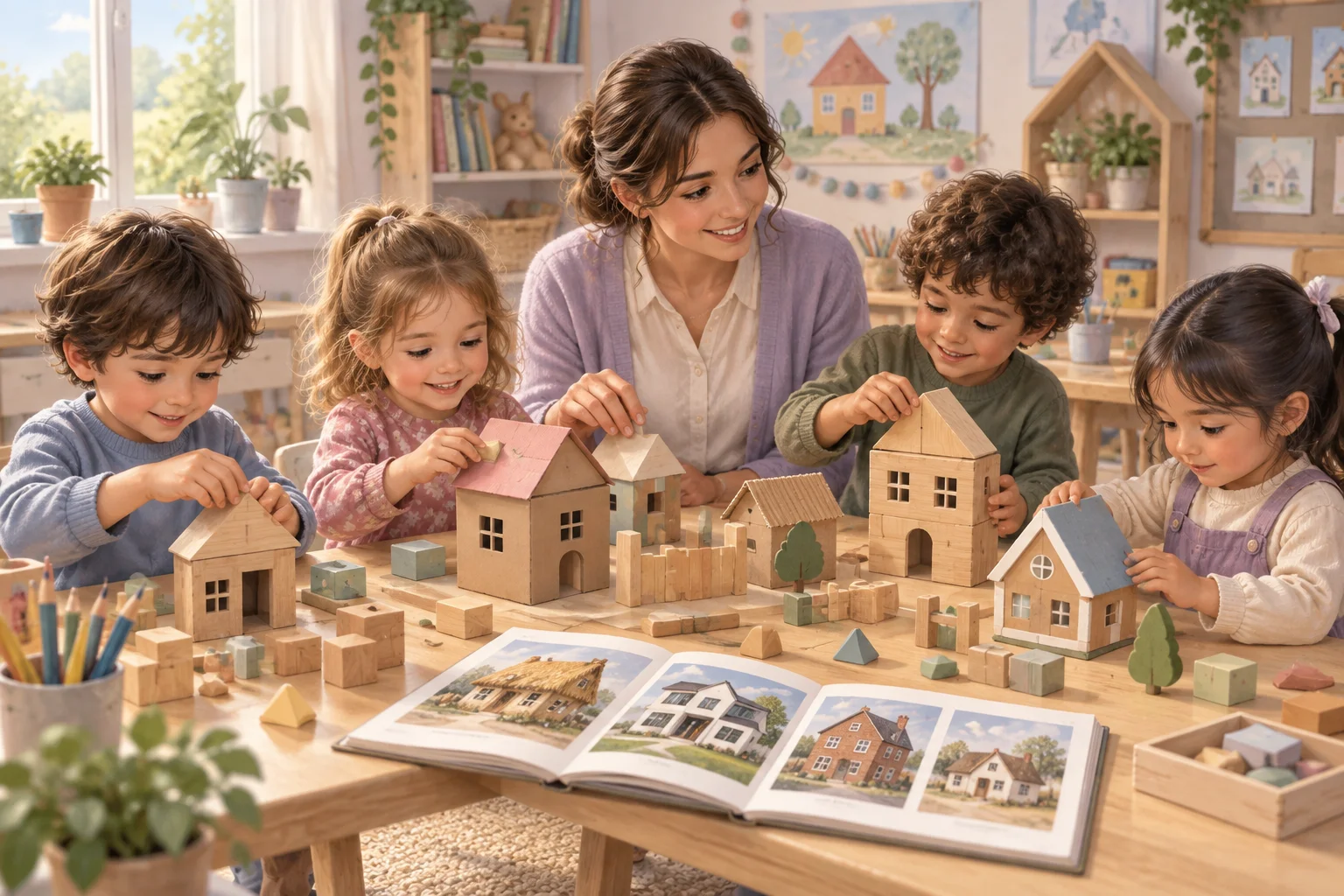 Niños construyen pequeñas casas con bloques y materiales de aula junto a una docente, inspirados en Los tres chanchitos.