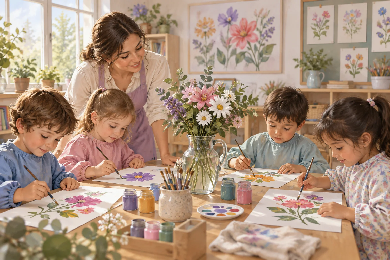 Una docente acompaña una exploración artística de flores y plantas con materiales naturales en el aula.