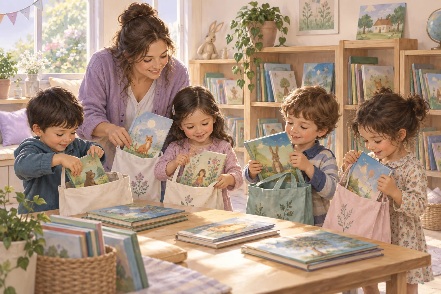 Una biblioteca de aula con libros y bolsas viajeras invita a compartir lecturas con las familias.