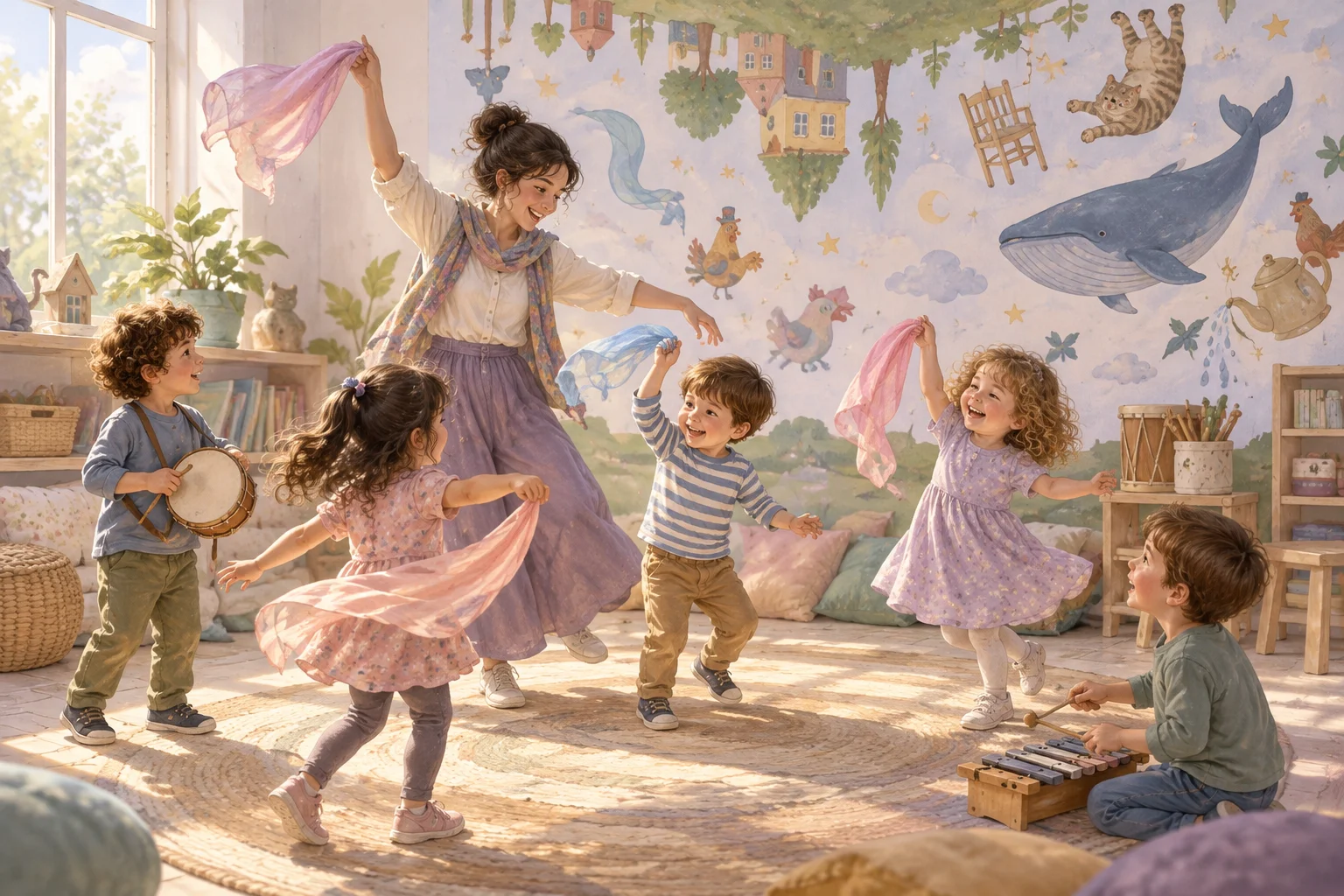 Niños y una docente comparten una experiencia de poesía, música y movimiento en el aula.